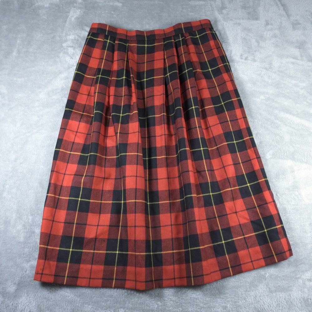 Vintage Lands End Skirt Womens 16P Red Plaid Midi Wool Made in Scotland Preppy